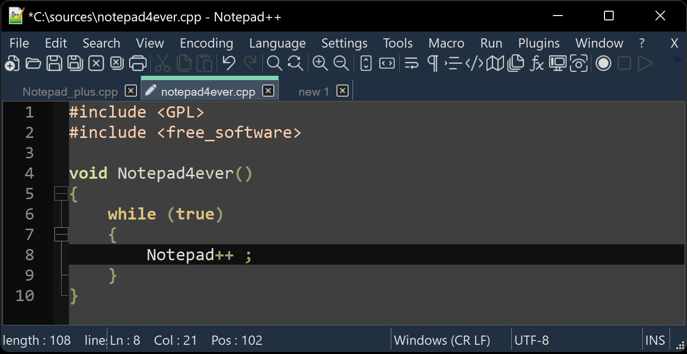 Notepad++ 源代码编辑器窗口